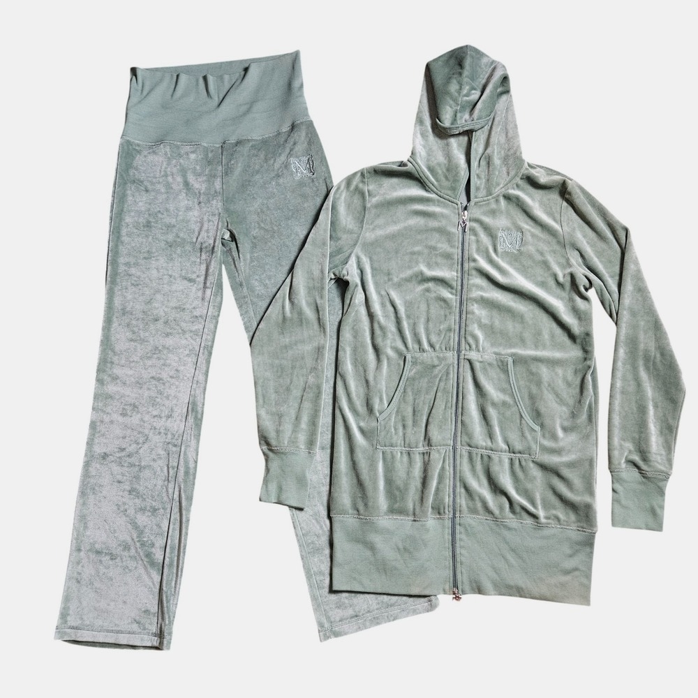 Max Sport Velvet Velour Tracksuit Set M Full Zip Hoodie Jacket Pants‎ Sage Green